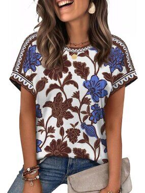 Women's Brown Blue Floral Crew-neck Short Sleeve Classic Loose Fit Summer Shirt